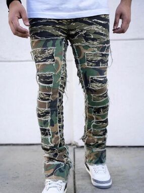 Men's Green Camo Distressed Flare Jeans